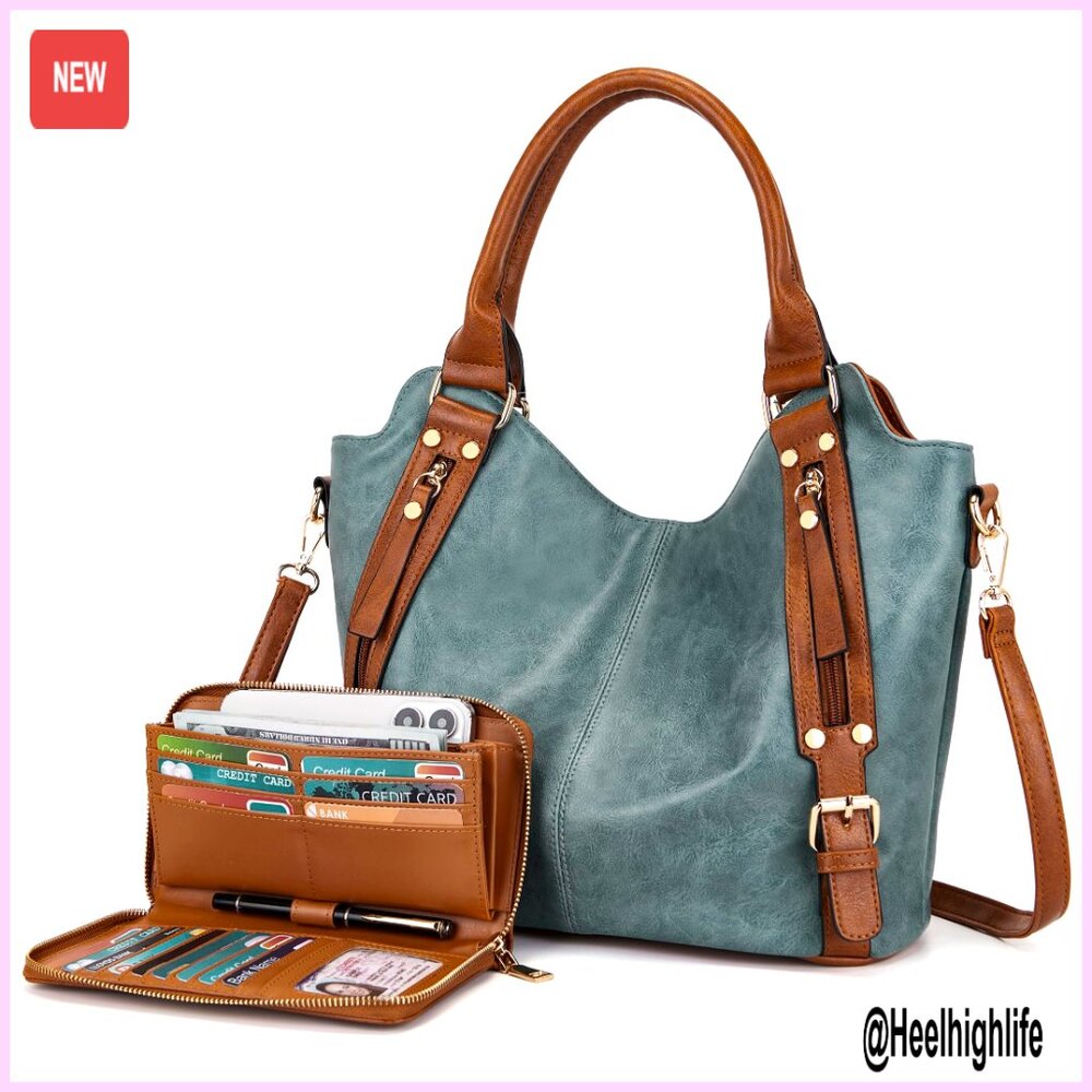 Large Hobo Crossbody Bag Vegan Leather Tote Wallet Set 2pcs Adjustable Strap